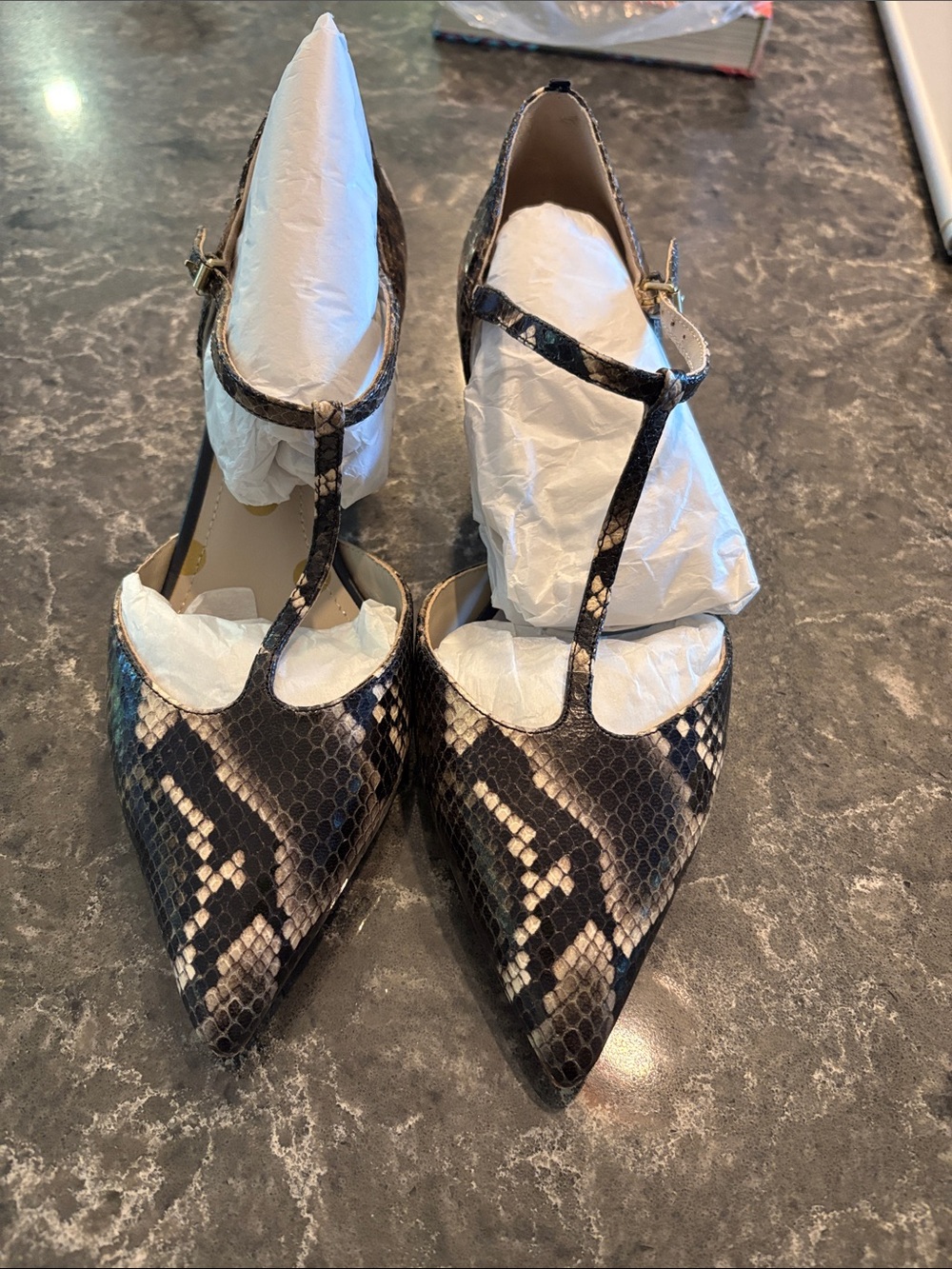 Boden Snake-Print T-Strap Pointed Pumps in Black and Cream